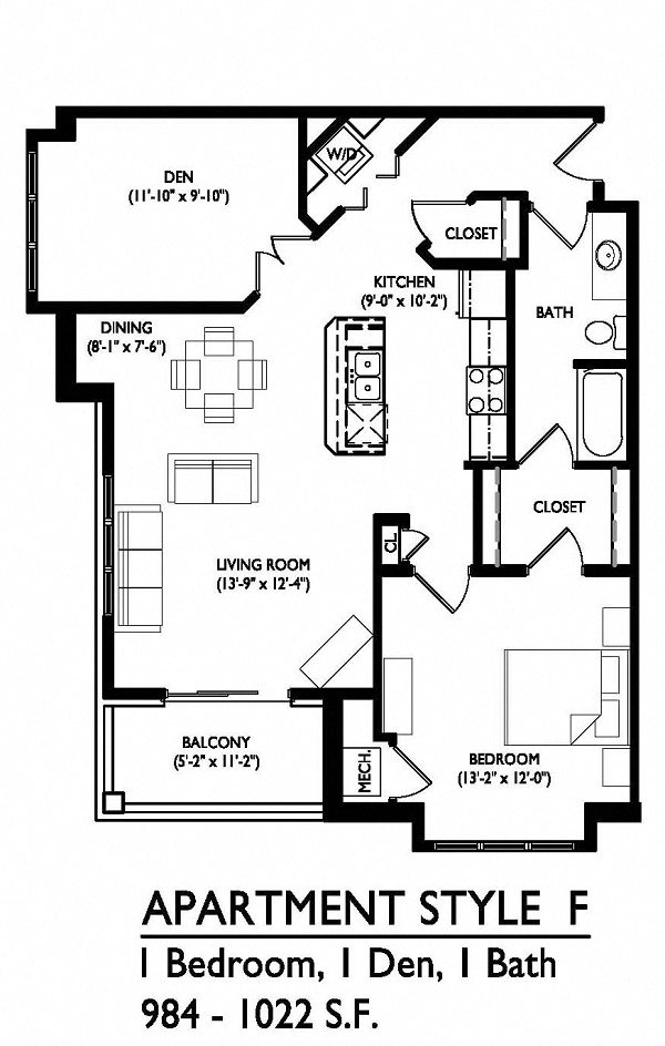 Floor plan for 1 bed, 1 bath, 1022 sqft